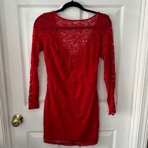 Long sleeve red lace dress by Bebe - size small